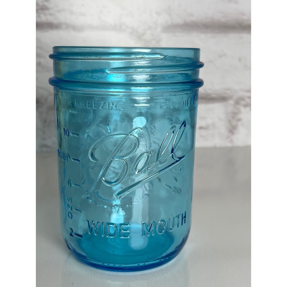 Ball Wide Mouth Blue Glass Mason Jar with Fruit Medallion Made in USA